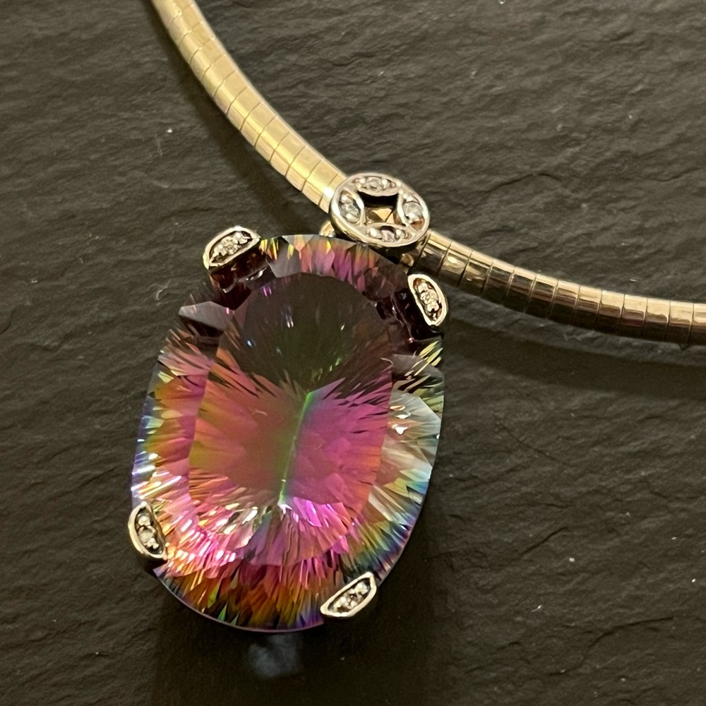 Stunning Mystic Topaz Pendant On Sterling Silver Omega 925 Italy 18” Chain